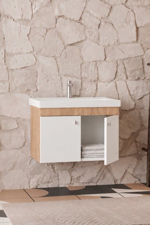 Milano 80 Cm, Lavabolu Alt Banyo Dolabı, Kapaklı Banyo Dolabı, Seramik Lavabo Dahil, Mdf