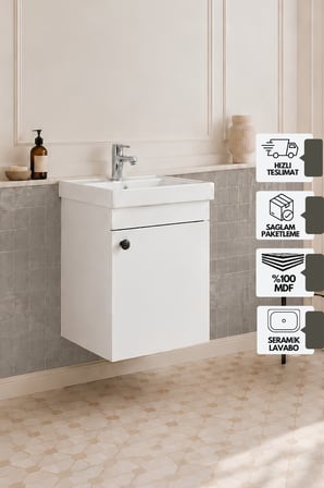Mimoza 50 Cm, Mdf, Lavabolu Alt Banyo Dolabı, Kapaklı Banyo Dolabı, Seramik Lavabo Dahil, Mdf