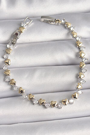Pirinç Gümüş Renk Zirkon Taşlı Gold Kalpli VIP Seri Kadın Bileklik