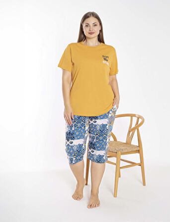 Hardal Etnik Desenli %100 Pamuklu Kısa Kol Büyük Beden Kapri Pijama Takım