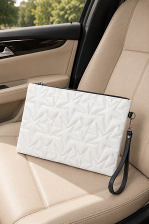 Yıldız Nakış İşlemeli Portföy El Çantası Bilek Askılı Saten Astarlı Beyaz Clutch Çanta