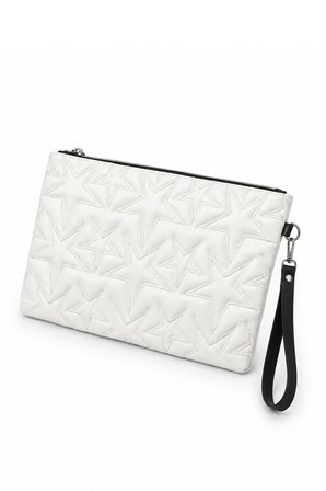 Yıldız Nakış İşlemeli Portföy El Çantası Bilek Askılı Saten Astarlı Beyaz Clutch Çanta