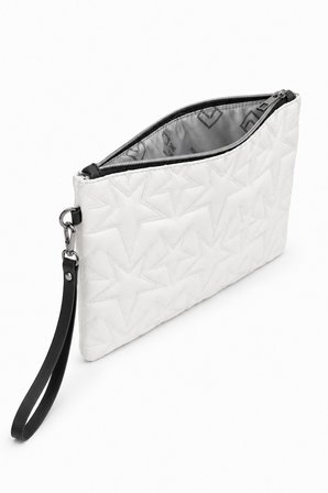 Yıldız Nakış İşlemeli Portföy El Çantası Bilek Askılı Saten Astarlı Beyaz Clutch Çanta