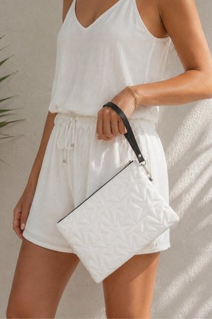 Yıldız Nakış İşlemeli Portföy El Çantası Bilek Askılı Saten Astarlı Beyaz Clutch Çanta