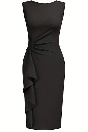 Kadın Büyük Beden Siyah Kolsuz Fırfırlı Büyük Beden Abiye Elbise