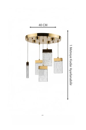 Gold Çemberli Seri Dikdörtgen Jöle Model 5li Balonlu Kristal Led Avize