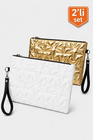 2'li Çanta Paketi Yıldız Desenli Portföy El Çantası Bilek Askılı Clutch Çanta
