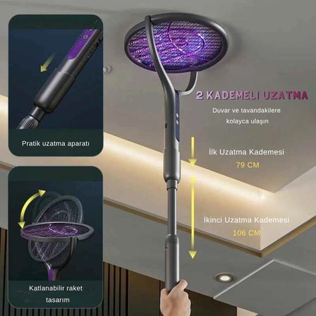 Elektrikli Sinek ve Sivrisinek Öldürücü Raket Mor Işıklı Sinek Çekici Lamba USB Şarjlı 
