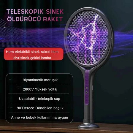 Elektrikli Sinek ve Sivrisinek Öldürücü Raket Mor Işıklı Sinek Çekici Lamba USB Şarjlı 