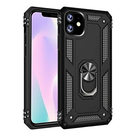 Smcase iPhone 12 Kılıf Vega Yüzüklü Standlı Kapak  Tam Kapatan Cam