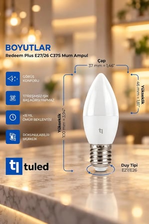 Tuled Redeem Plus 4.3 W LED Ampul, 5700 Kelvin  E27 C 37S  , Titreşimsiz, Göz Konforu, 609 Lümen, Parlak Beyaz 3 adet