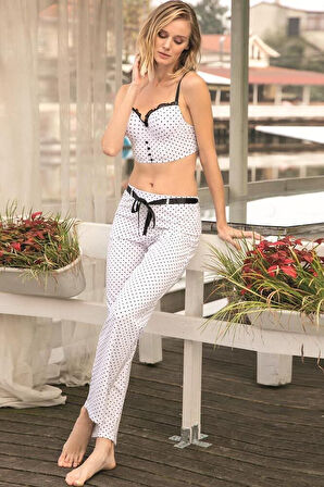Kadın Fantezi Bralet Sütyen Pamuklu Puantiye Desenli Desteksiz Dantel Detaylı Pijama Takımı