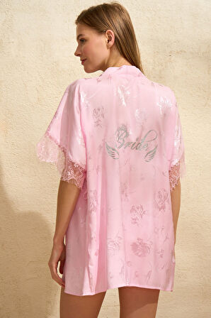 Kadın Saten Bride Baskılı Dantelli Sabahlık Balensiz Dolgusuz Bralet Sütyen ve Şort 3'lü Takım