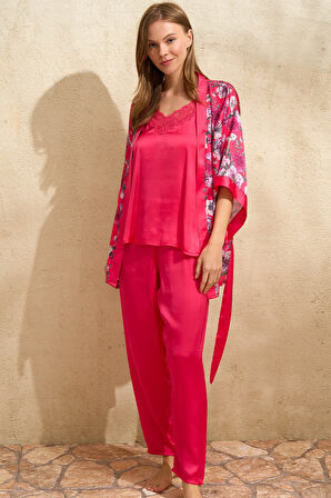 Kadın Saten Çiçek Baskılı Sabahlık Dantelli Atlet ve Pantolon Pijama 3'lü Takım