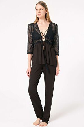 Kadın Dantelli Sabahlık Desteksiz Dolgusuz Yaka Detaylı Sütyen ve Pantolon Pijama 3'lü Takım