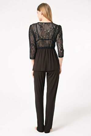 Kadın Dantelli Sabahlık Desteksiz Dolgusuz Yaka Detaylı Sütyen ve Pantolon Pijama 3'lü Takım