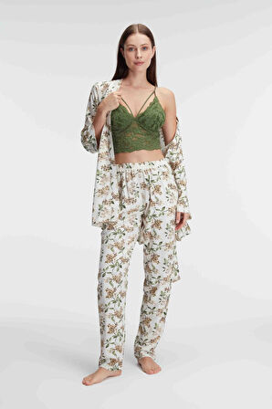 Kadın İp Askılı V Yaka Çiçek Desenli Yazlık Dokuma Dantel Detaylı Pijama Takımı Sabahlık