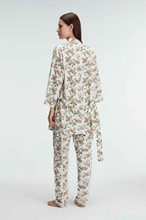 Kadın İp Askılı V Yaka Çiçek Desenli Yazlık Dokuma Dantel Detaylı Pijama Takımı Sabahlık