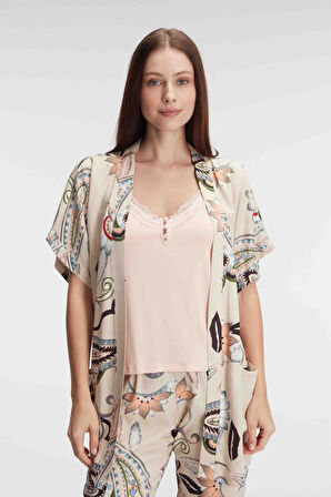 Kadın İp Askılı V Yaka Viskon Çiçek Desenli Yazlık Dantel Detaylı Pijama Takımı Sabahlık