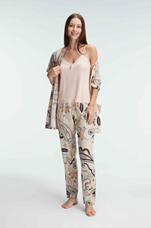 Kadın İp Askılı V Yaka Viskon Çiçek Desenli Yazlık Dantel Detaylı Pijama Takımı Sabahlık