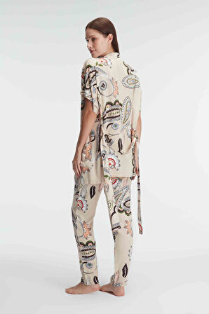 Kadın İp Askılı V Yaka Viskon Çiçek Desenli Yazlık Dantel Detaylı Pijama Takımı Sabahlık