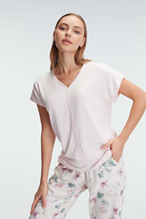 Kadın Kısa Kol V Yaka Viskon Çiçek Desenli Yazlık Örme Normal Bel Pijama Takımı
