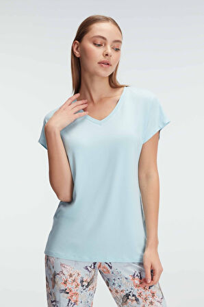 Kadın Kısa Kol V Yaka Viskon Çiçek Desenli Yazlık Örme Dantel Detaylı Pijama Takımı