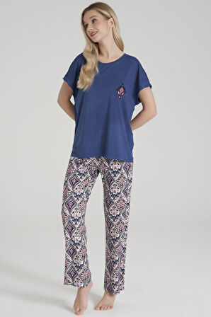 Kadın Viskon Bisiklet Yaka Yakası İşlemeli Etnik Desenli Düz Paça Pijama Takımı