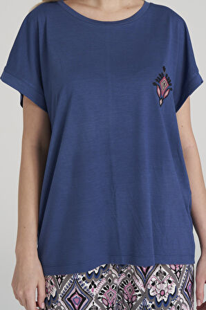 Kadın Viskon Bisiklet Yaka Yakası İşlemeli Etnik Desenli Düz Paça Pijama Takımı