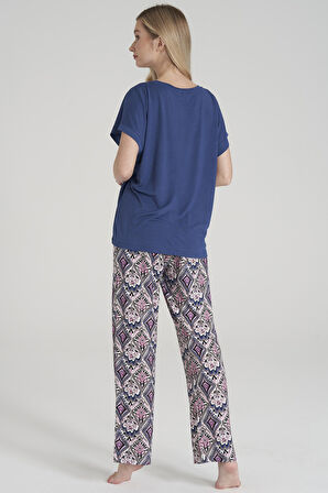Kadın Viskon Bisiklet Yaka Yakası İşlemeli Etnik Desenli Düz Paça Pijama Takımı