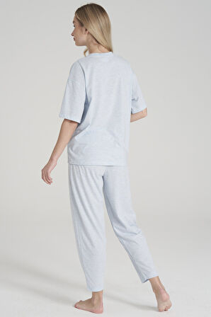 Kadın Viskon Kısa Kol Baçası Kısa Baskılı Düz Paça Pijama Takımı