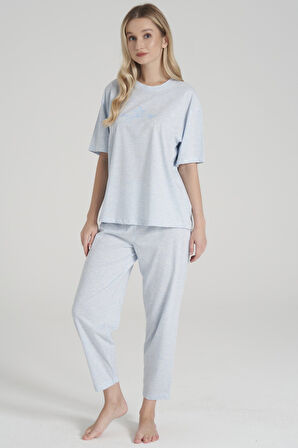 Kadın Viskon Kısa Kol Baçası Kısa Baskılı Düz Paça Pijama Takımı