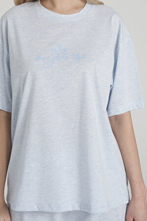 Kadın Viskon Kısa Kol Baçası Kısa Baskılı Düz Paça Pijama Takımı