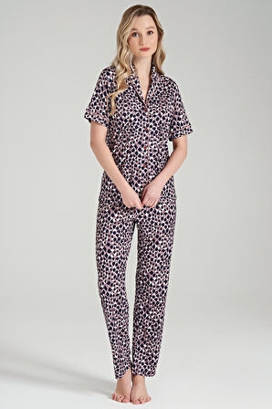 Kadın Viskon Gömlek Yakalı Desenli Düz Paça Pijama Takımı