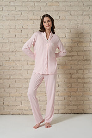 Kadın Önden Düğmeli  Yaka Dantel İşlemeli Uzun Kollu Pijama Takımı
