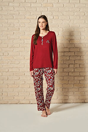 Kadın Düğme Detaylı Alt Kısmı Çiçek Desenli Uzun Kollu Pijama Takımı