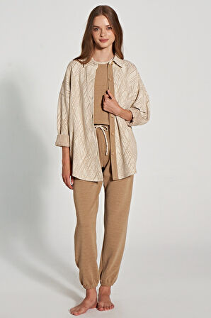 Kadın Çizgi Desenli Kısa Kollu Hırkalı 3'lü Pijama Takımı