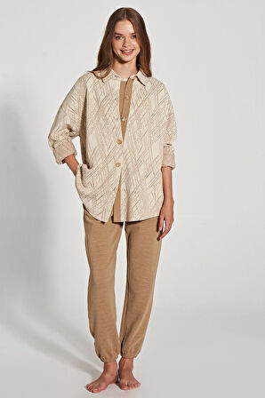 Kadın Çizgi Desenli Kısa Kollu Hırkalı 3'lü Pijama Takımı