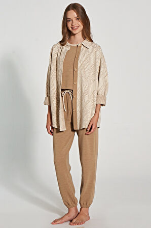 Kadın Çizgi Desenli Kısa Kollu Hırkalı 3'lü Pijama Takımı