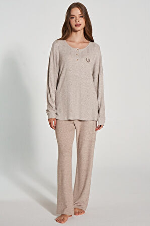 Kadın Uzun Kollu Düğme Detaylı Pijama Takımı