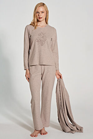 Kadın Uzun Kollu Triko Hıkarlı 3'lü Pijama Takımı