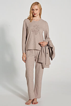 Kadın Uzun Kollu Triko Hıkarlı 3'lü Pijama Takımı