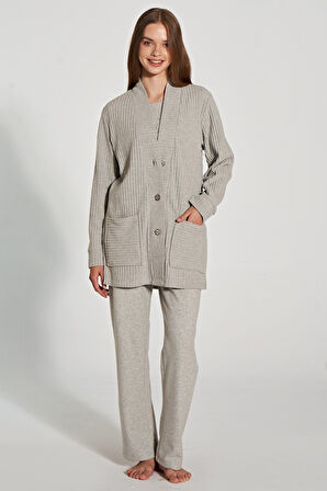 Kadın Uzun Kollu Triko Hıkarlı 3'lü Pijama Takımı