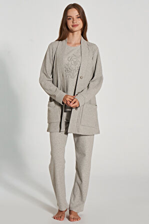 Kadın Uzun Kollu Triko Hıkarlı 3'lü Pijama Takımı