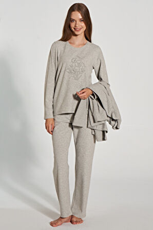Kadın Uzun Kollu Triko Hıkarlı 3'lü Pijama Takımı