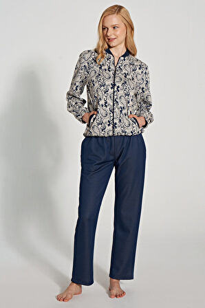 Kadın Etnik Desenli Fermuarlı Cep Detaylı Pijama Takımı