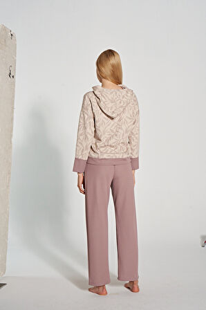 Kadın Yaprak Desenli Kapşonlu Pijama Takımı