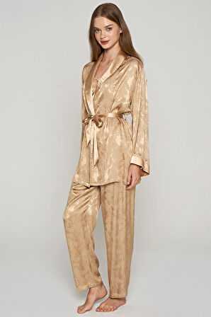 Kadın 3'lü İnce Askılı Sabahlıklı Saten Pijama Takımı