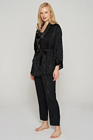 Kadın 3'lü İnce Askılı Sabahlıklı Saten Pijama Takımı