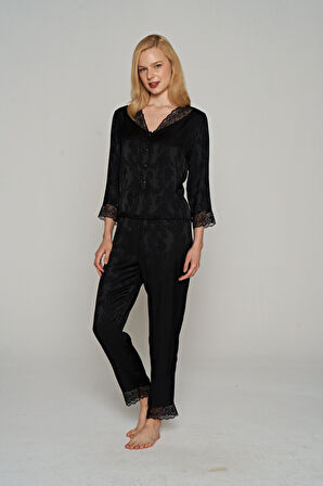 Kadın Uzun Kollu Dantel İşlemeli Önden Düğmeli Saten Pijama Takımı